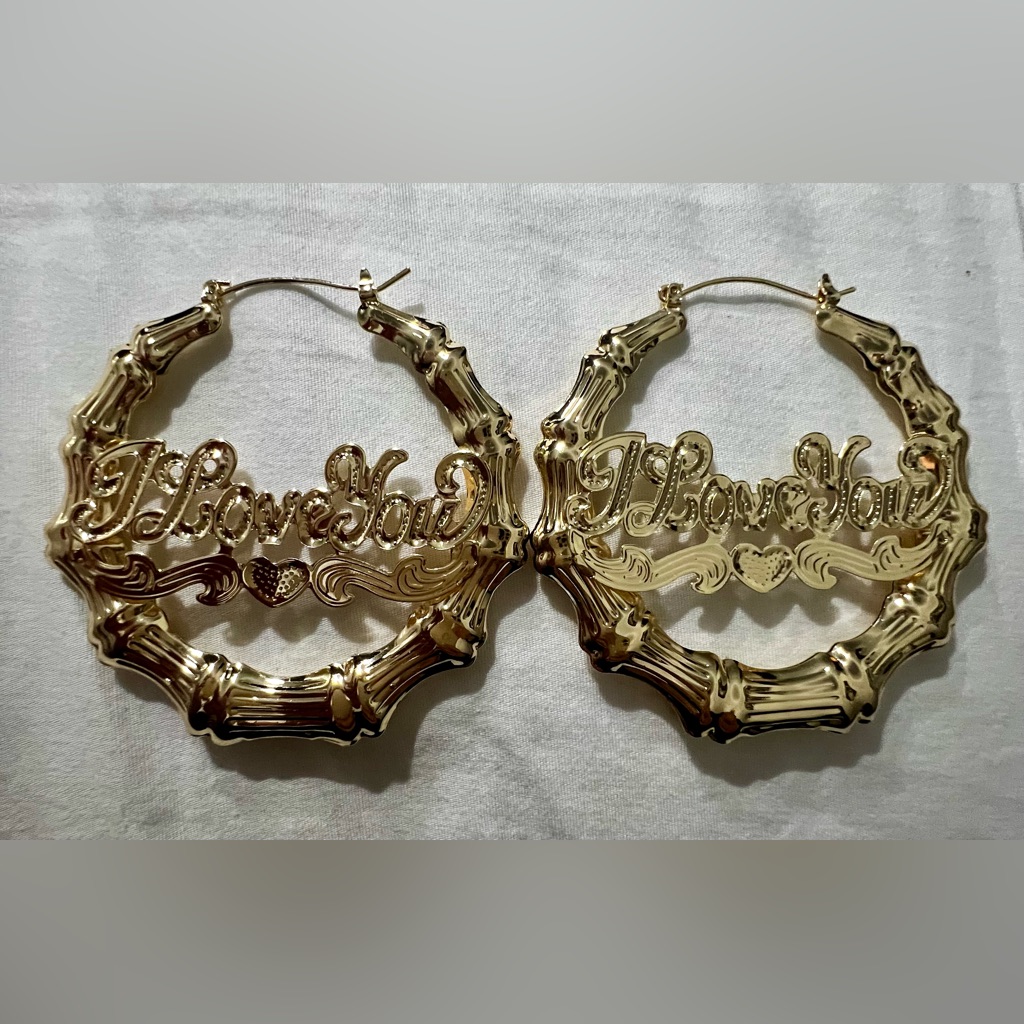 Gold Filled Bamboo Hoop Earrings With I Love You Script 50$